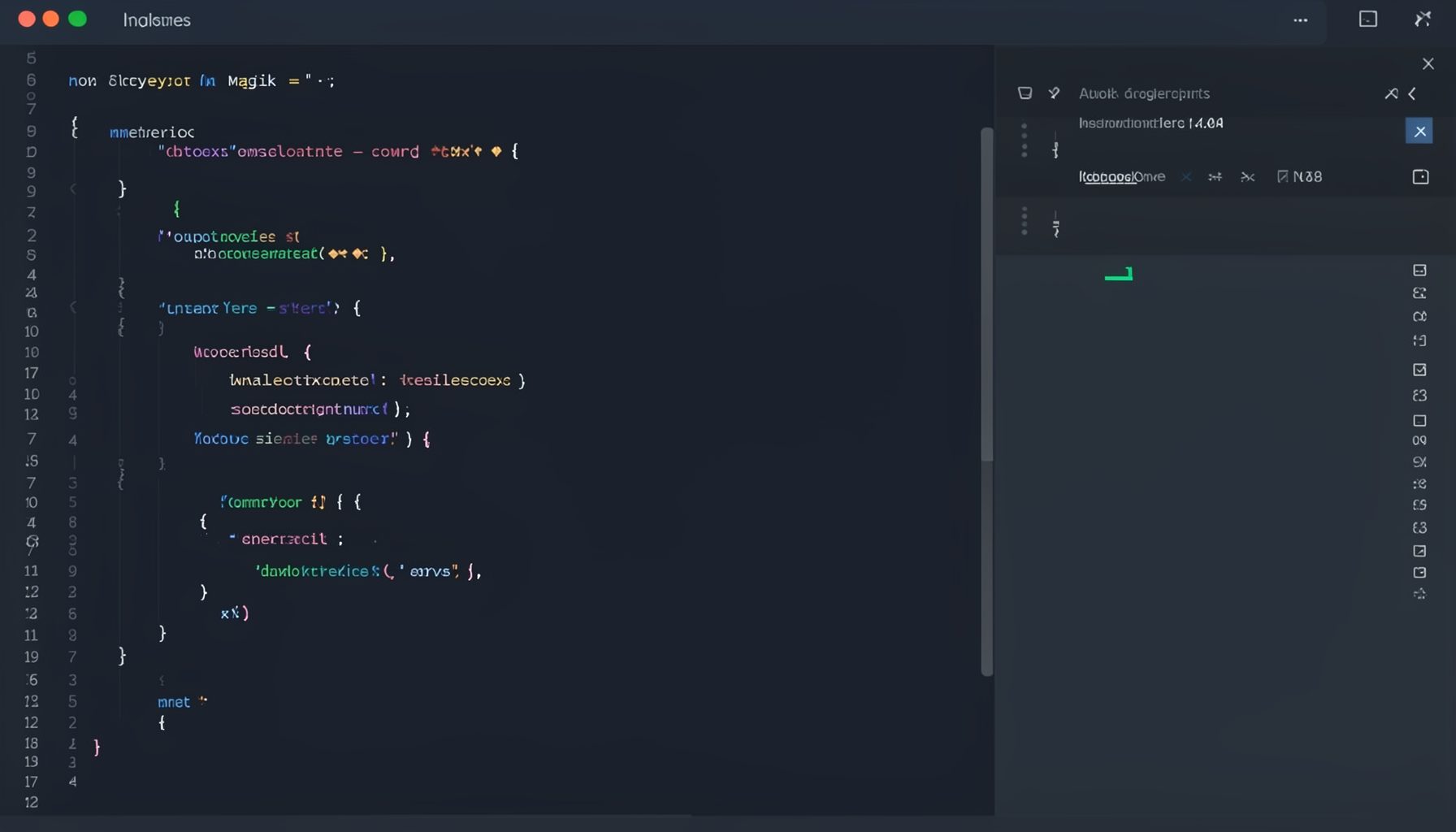 A dark code editor window with syntax-highlighted Magik code and a tree widget panel on the side, muted navy and charcoal tones.
