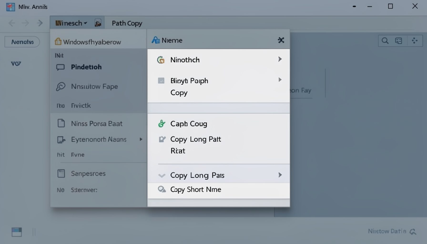 Windows Explorer context menu showing Ninotech Path Copy options including Copy Long Path and Copy Short Name, with a muted gray-blue interface palette.