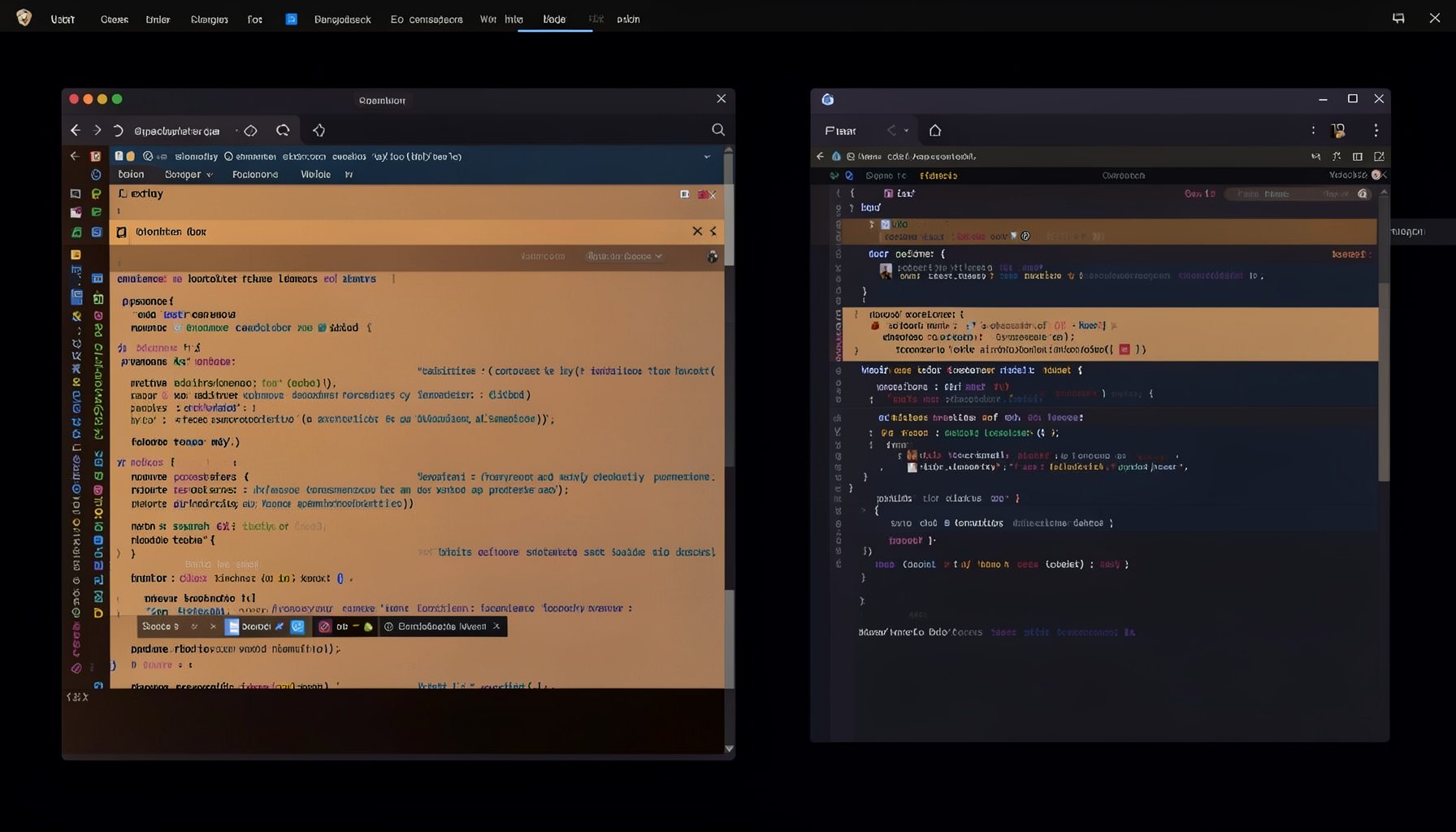 Split-pane Emacs interface with multiple buffers open, warm amber and navy tones against a dark background