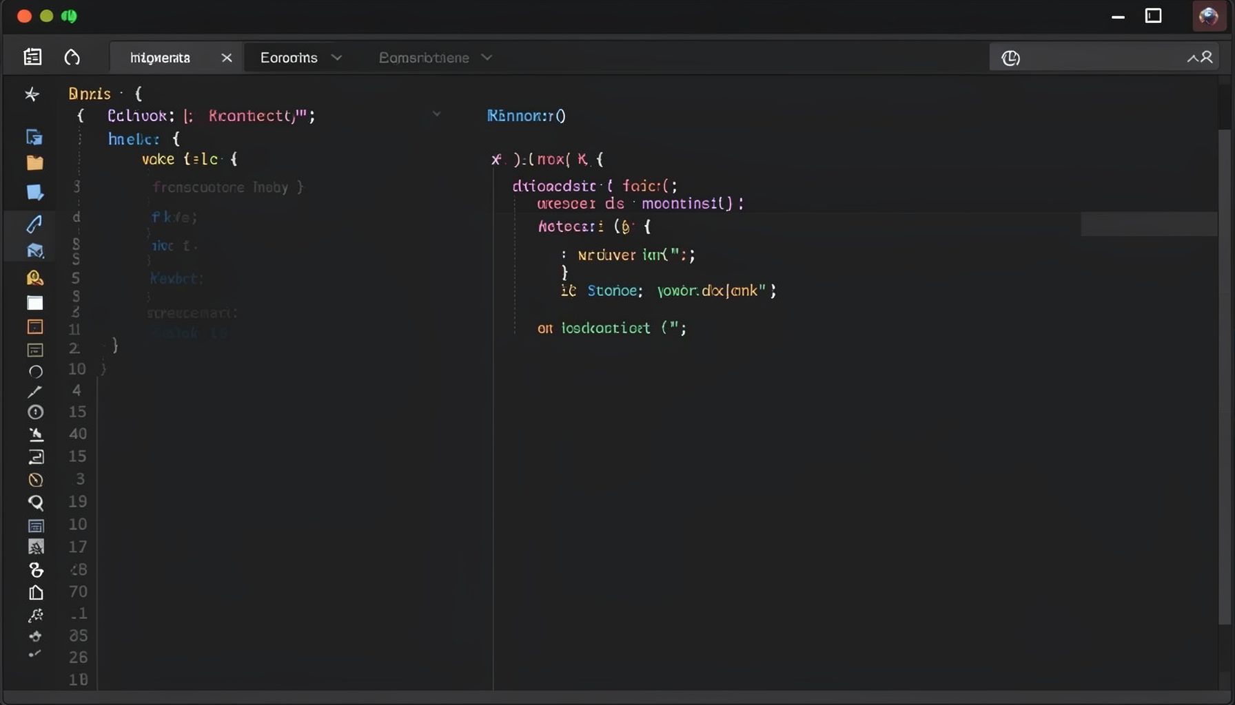 An Emacs editor with code-folding markers and visual bookmarks visible in the gutter, dark theme with subtle highlights.
