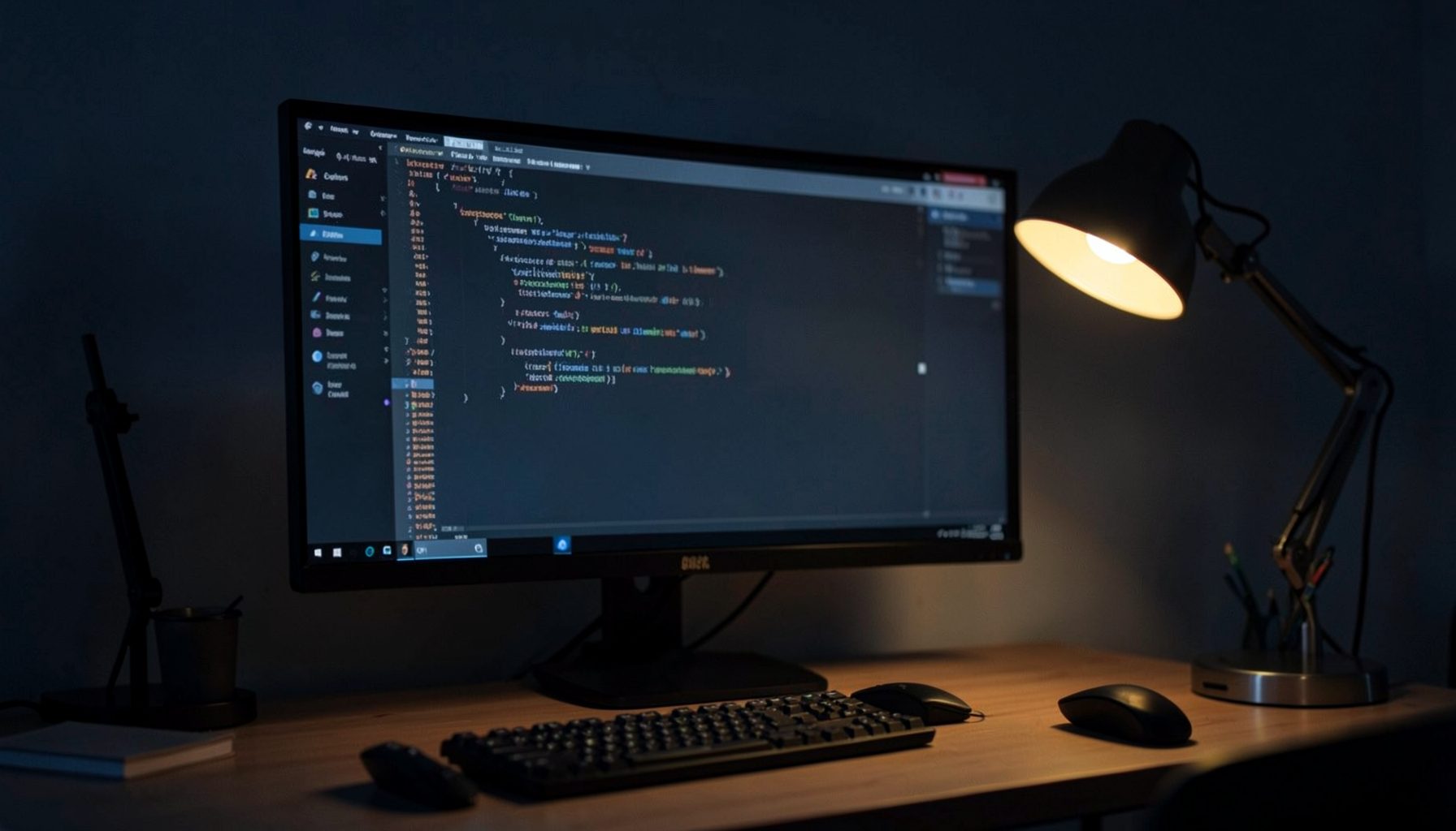 A dimly lit developer workspace with a large monitor displaying a text editor in a dark theme, warm desk lamp glow, muted navy and amber tones, calm and focused atmosphere.