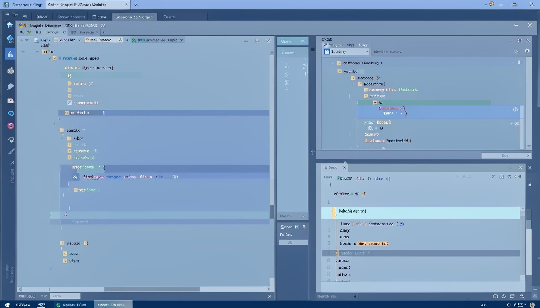 An Emacs frame with multiple split windows and a Magik debugger panel, cool blue-gray palette.