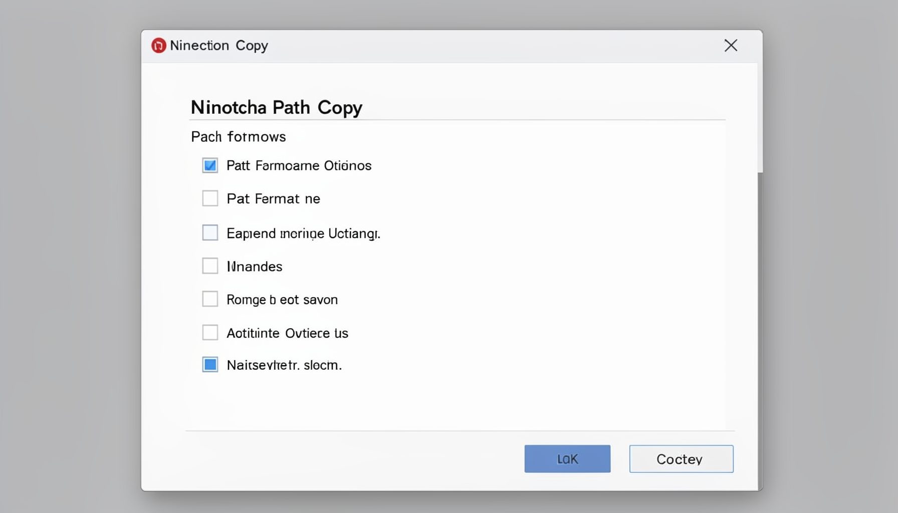Configuration dialog for Ninotech Path Copy displaying checkboxes for path format options, rendered in a clean light-gray Windows-style window.