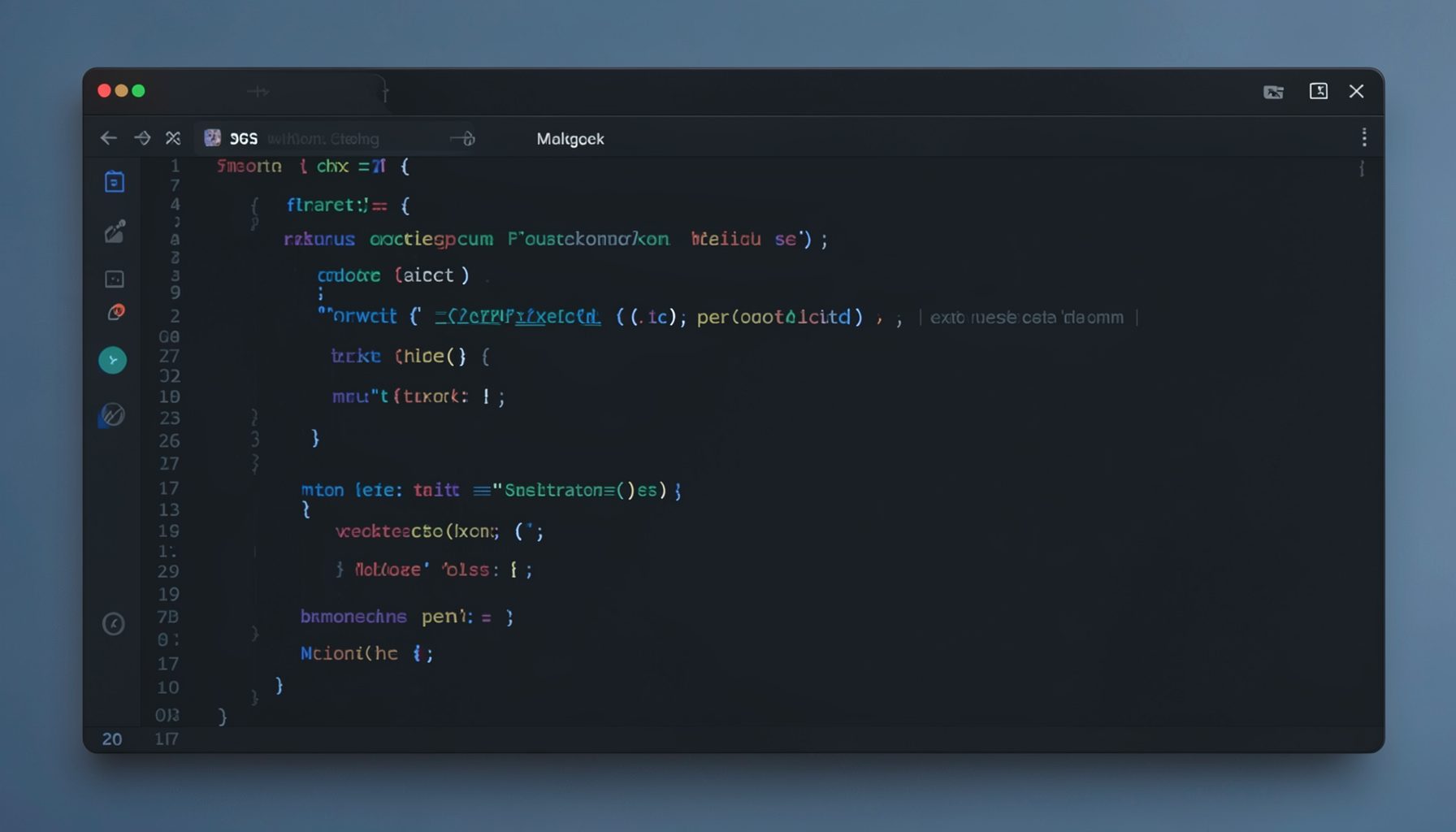 A dark-themed code editor window with syntax-highlighted Magik code visible, soft blue and charcoal tones, calm focused atmosphere.
