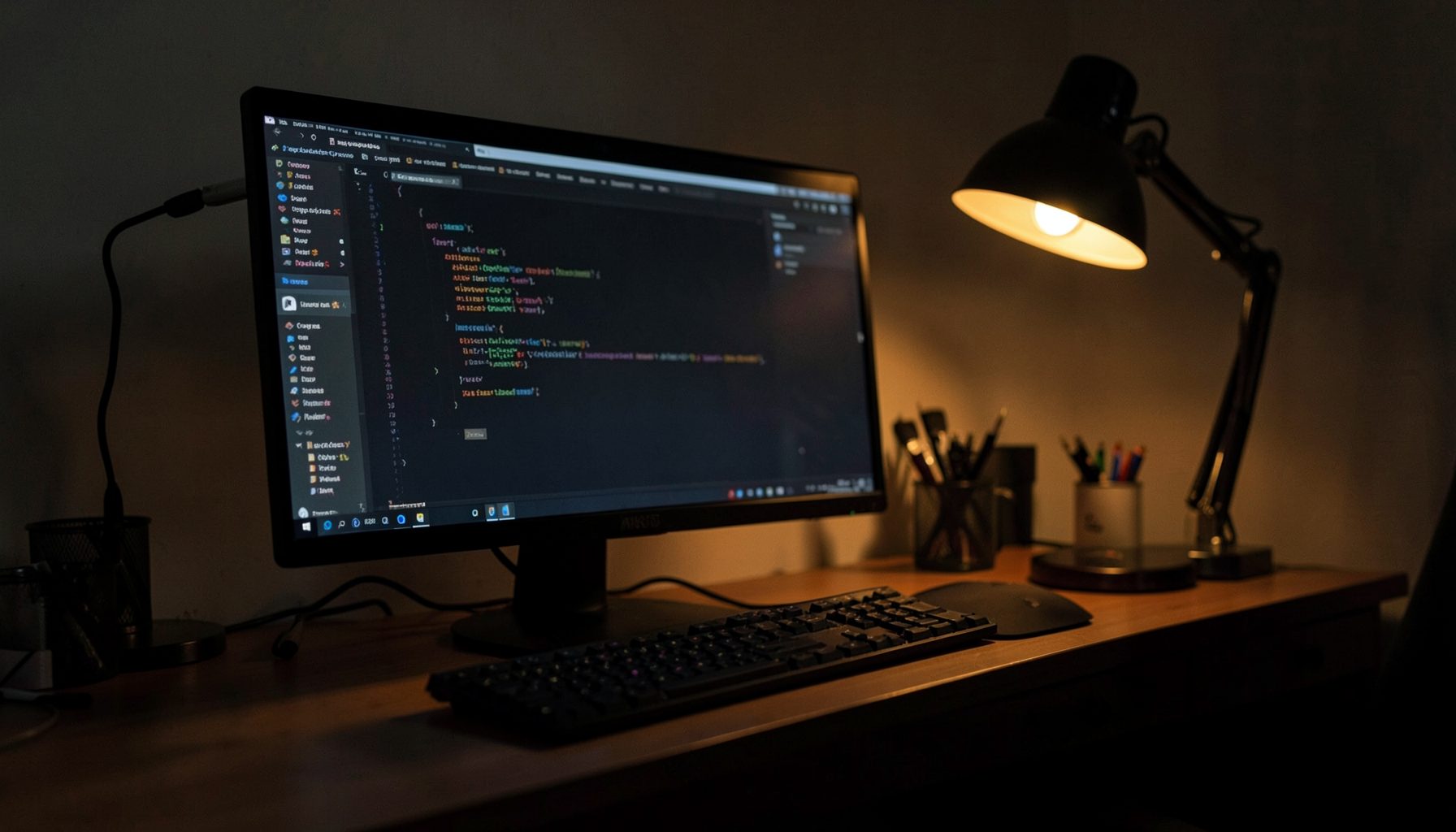A dimly lit desk with a glowing monitor showing a code editor in dark theme, warm amber desk lamp, quiet developer workspace atmosphere.