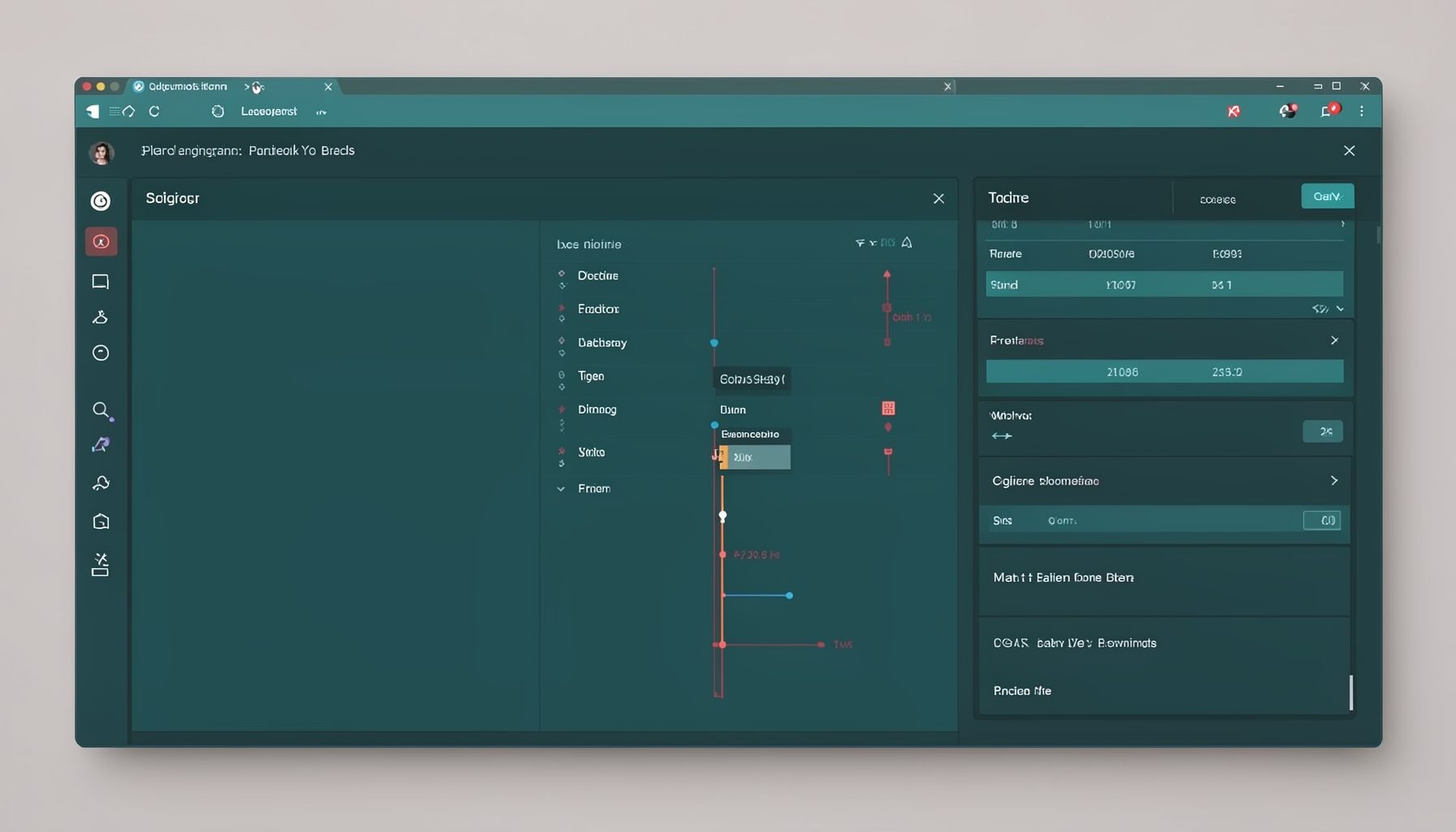 Debugging interface with breakpoint markers and variable watch panels in subdued teal and charcoal tones